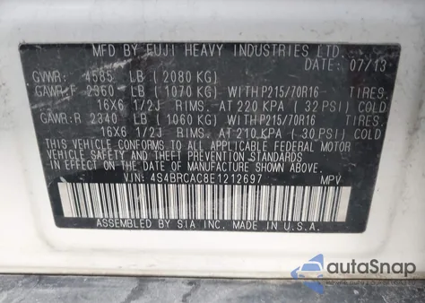 2014 Subaru Outback 2.5I из США, поврежденный, VIN 4S4BRCAC8E1212697